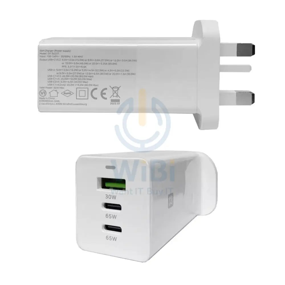 Xtrememac 3 Port Wall Charger with GaN Power Tech - 65W / White Accessories > Power Adapters