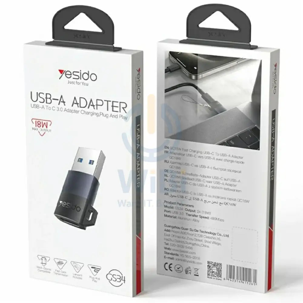 Yesido GS34 USB-C Charging Adapter - Up to 480Mbps / USB-A / Black Accessories > Cables & Converters > Converters